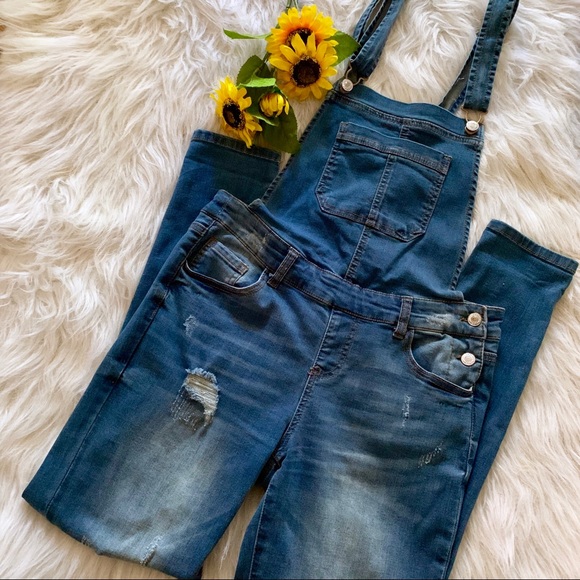 Forever 21 Denim - Distressed Denim Overalls